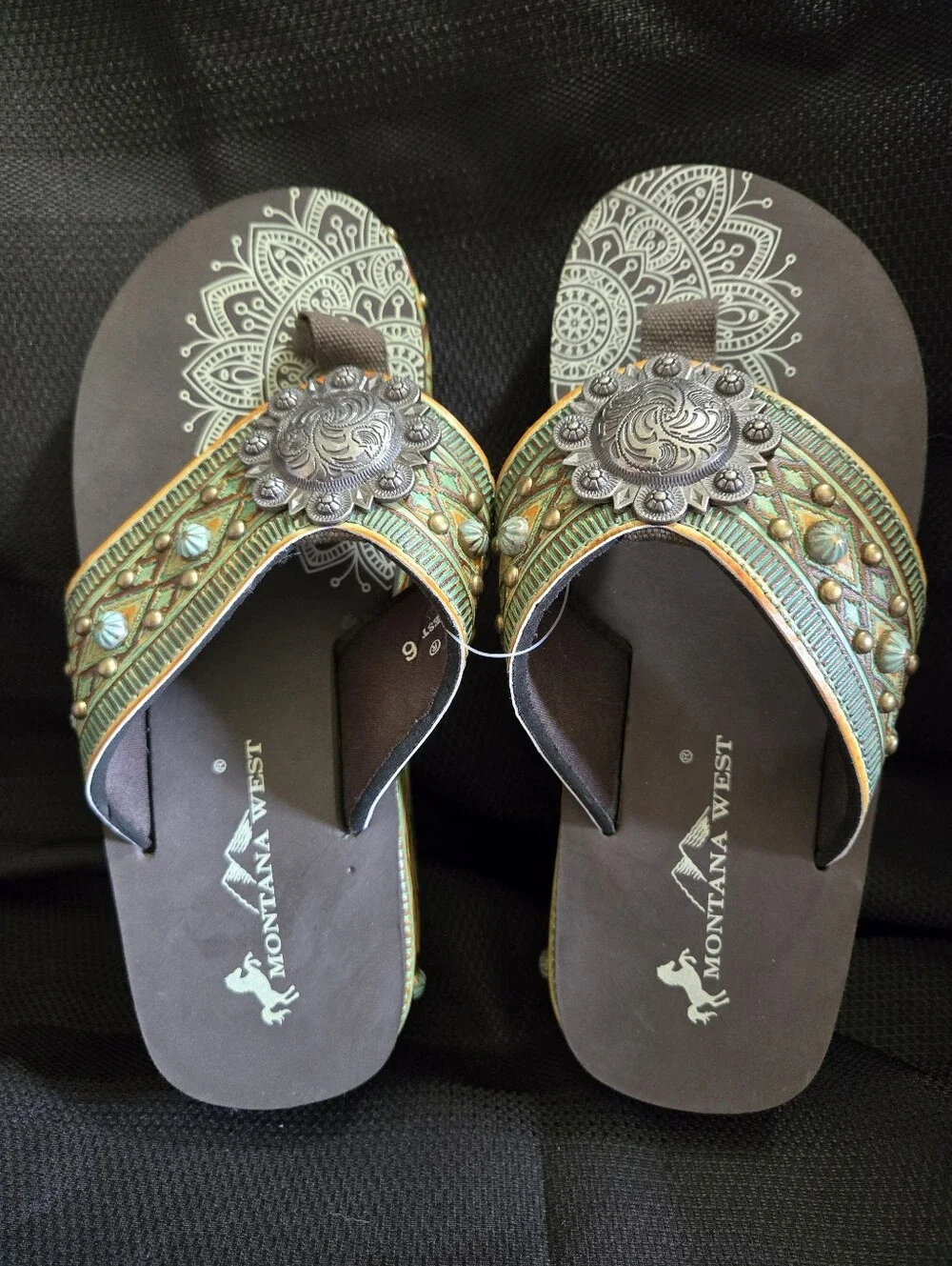 Montana West Brown and Turquoise Western Concho Flip Flops NWOT